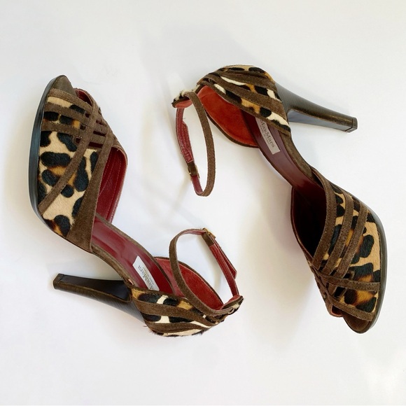 MAXMARA BROWN TAN LEOPARD PONY HAIR SUEDE ANKLE STRAP PEEP TOE HIGH HEELS - Picture 5 of 8
